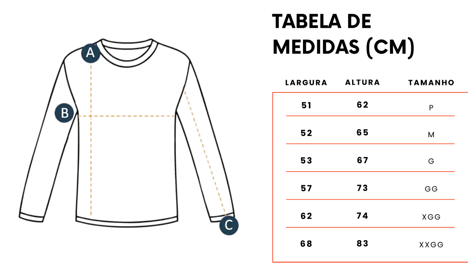 Camiseta de manga longa Caboclo Pena Branca 2 Size Chart