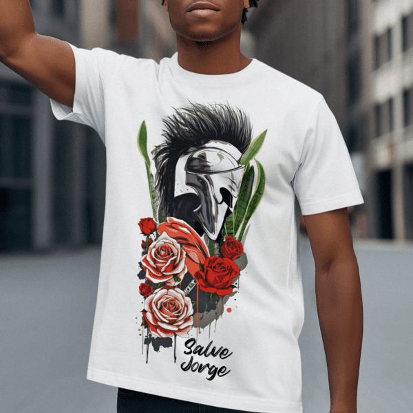 Camiseta branca São Jorge com flores