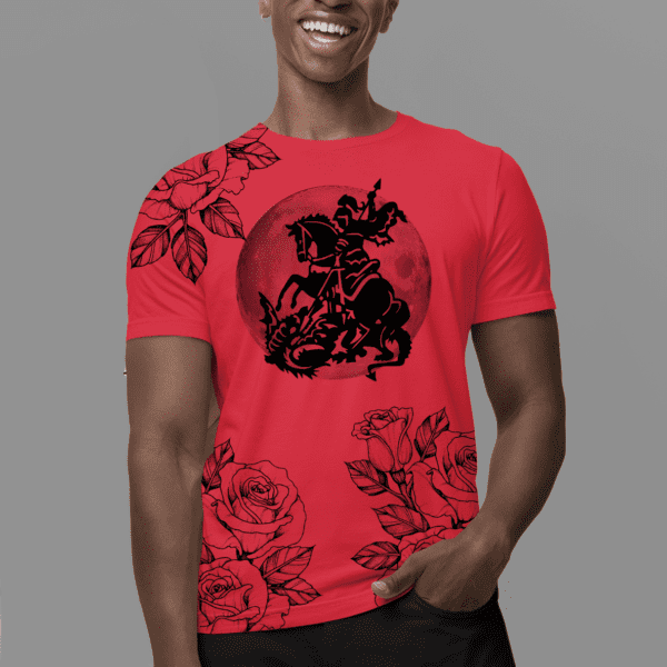 Camiseta vermelha flores e São Jorge