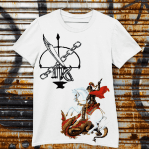 Camiseta branca São Jorge e ferramenta de Ogum