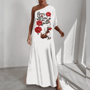 Vestido longo de um ombro só Quem me protege não dorme São Jorge
