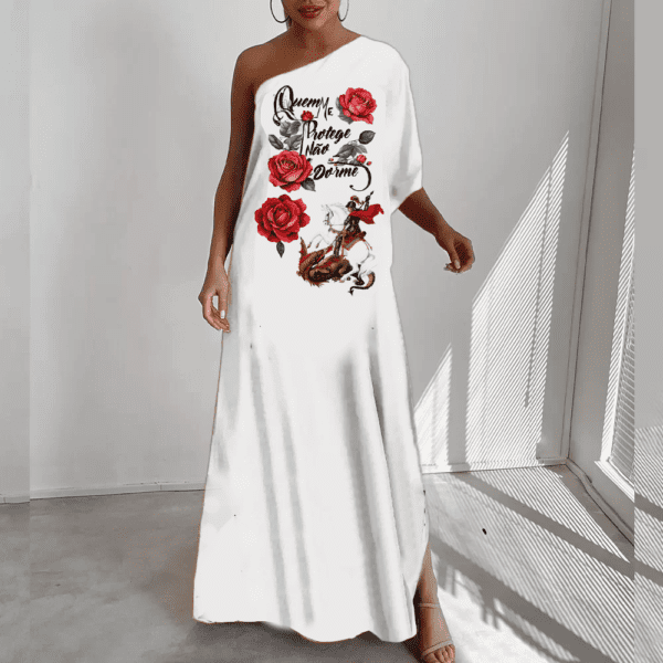 Vestido longo de um ombro só Quem me protege não dorme São Jorge