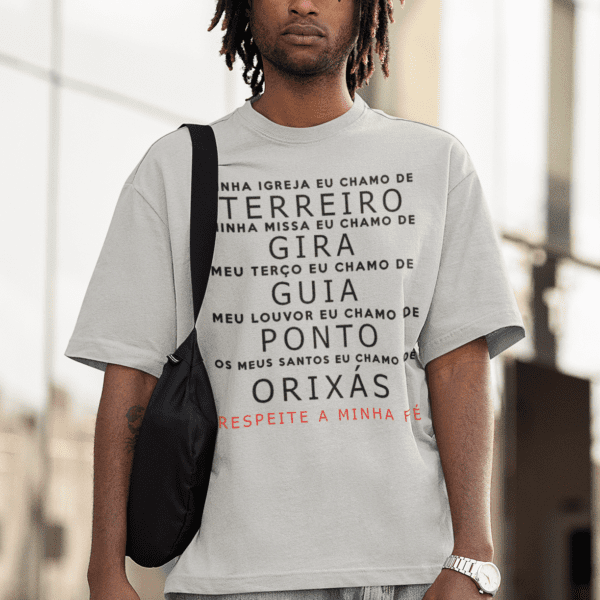 Camiseta cinza de axé respeite minha fé