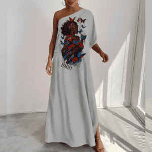 Vestido ombro único longo Iansã e borboletas