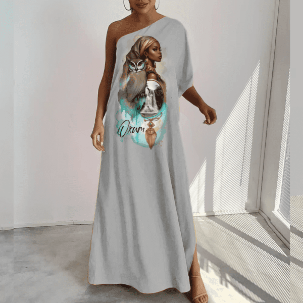Vestido ombro Único Longo Oxum e coruja
