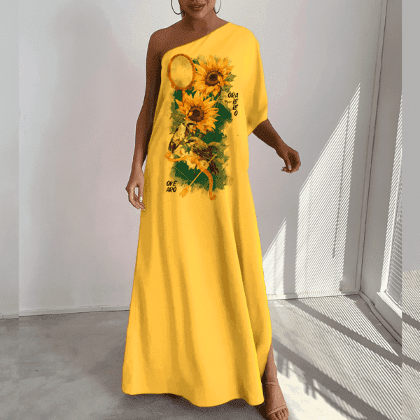 Vestido longo ombro único Oxum e Oxóssi