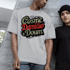 Camiseta Cosme e Damião leterring cinza
