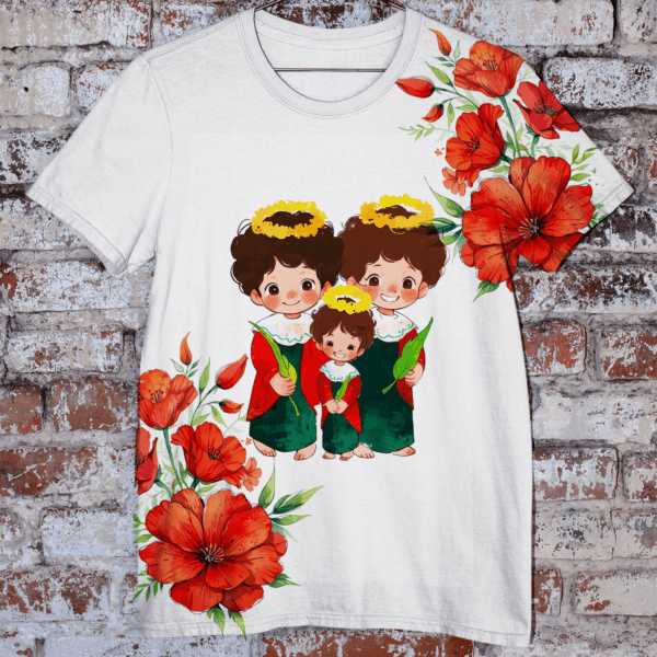 Camiseta Cosme Damião e Doum flores