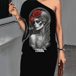 Vestido ombro único Rosa Caveira
