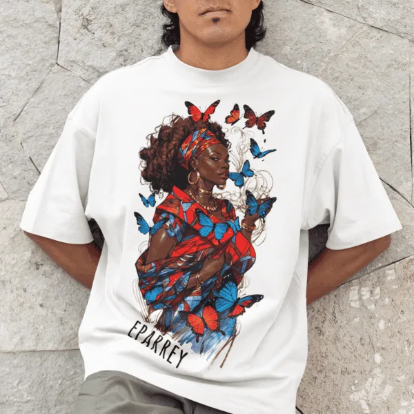 Camiseta Iansã azul e vermelha