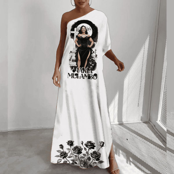 Vestido ombro único longo Maria Mulambo no cemitério