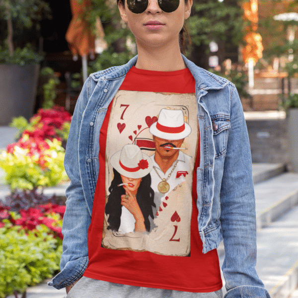 Camiseta Maria Navalha e Zé Pilintra na carta vermelho