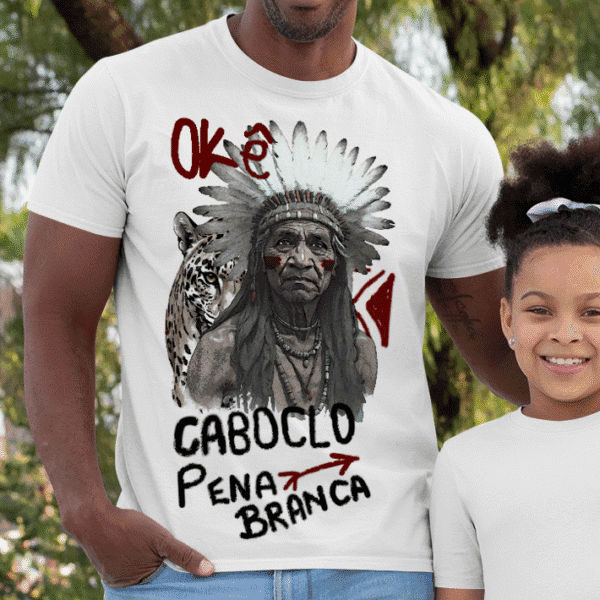Camiseta Okê Caboclo Pena Branca e onça