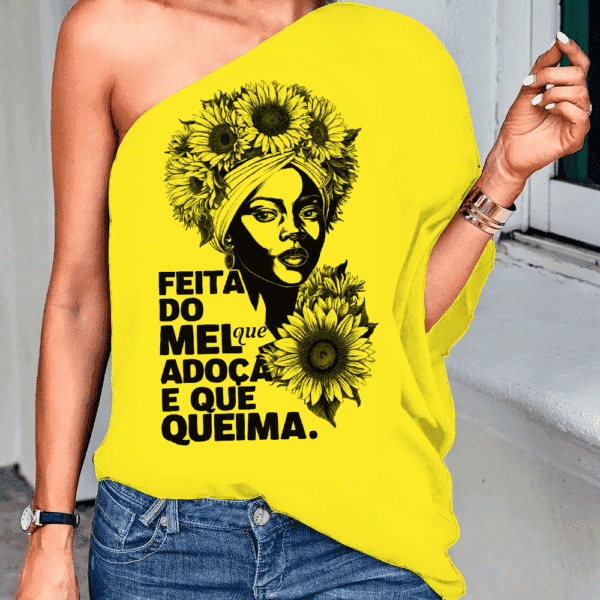 Blusa de um ombro só Sou mel de Oxum
