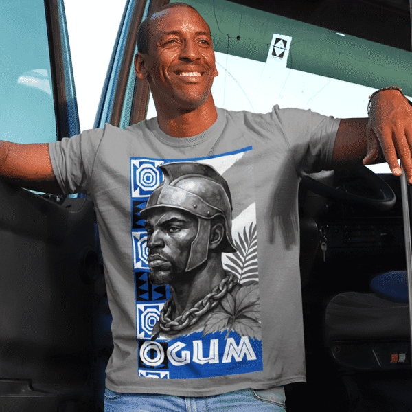 Camiseta Ogum azul e branco cinza