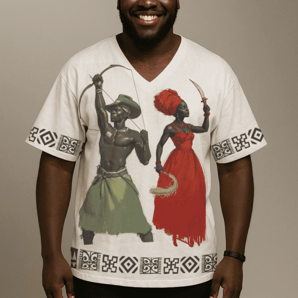Camisu Oxóssi e Iansã de vermelho