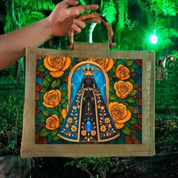 Bolsa Nossa Senhora Aparecida com alça de Bambu