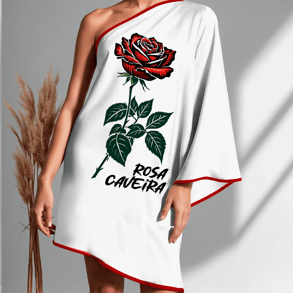 Vestido ombro único curto Rosa Caveira