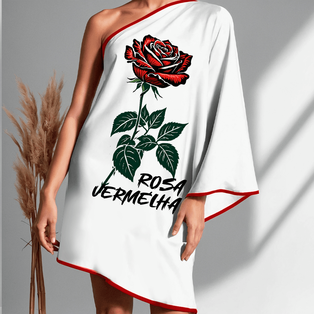 Vestido ombro único curto Rosa vermelha