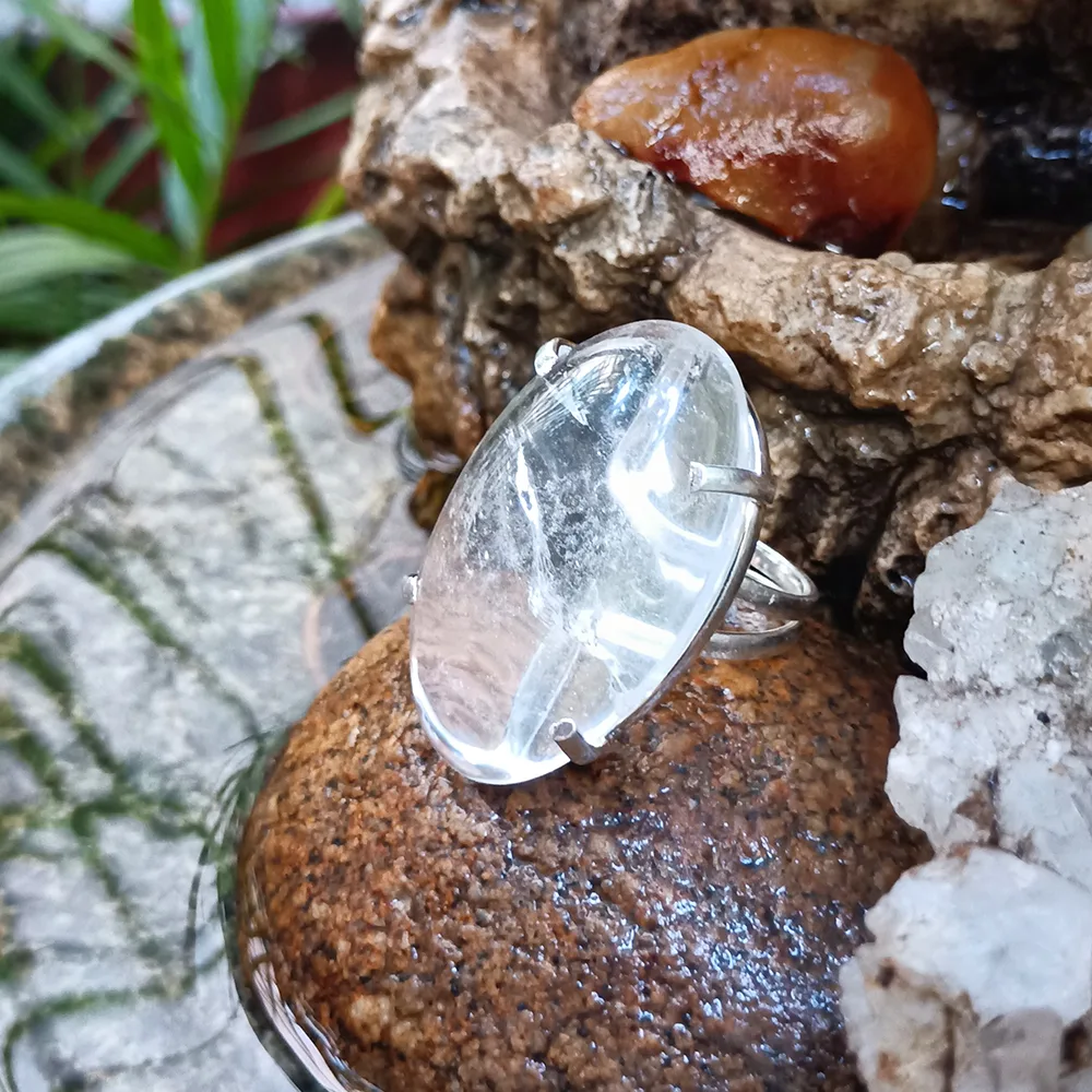 1- Anel Pedra Transparente Oval em Níquel